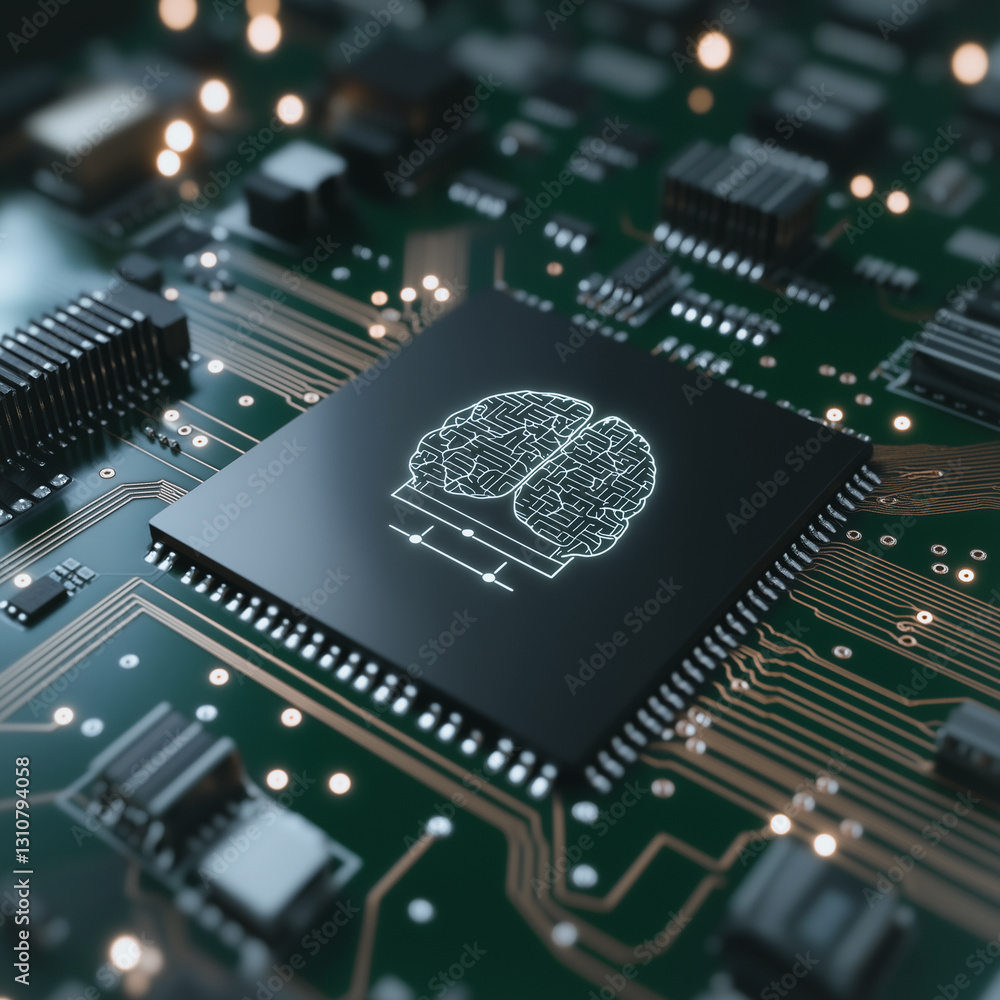 Poster brain chip: a close-up image of a central processing unit (cpu) of a computer, featuring a brain ico