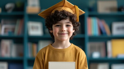 student life study achievement, Smiling child in graduation cap holding a certificate in a colorful room.