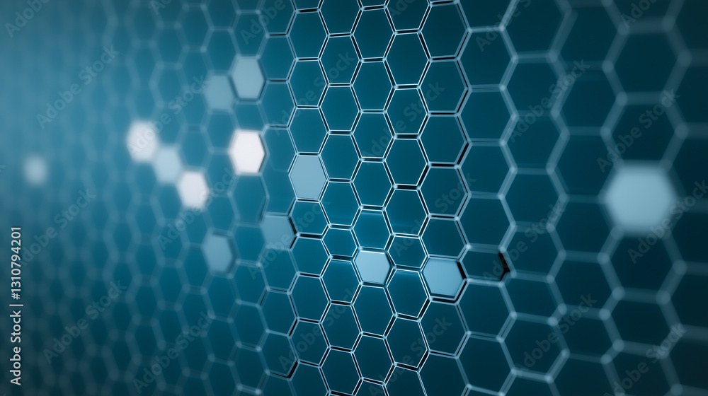 Poster technological tapestry: an abstract arrangement of interconnected hexagons glows with energy, symbol