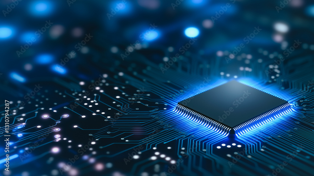Poster central processor: an abstract view of a central processing unit (cpu) illuminates in bright blue, e