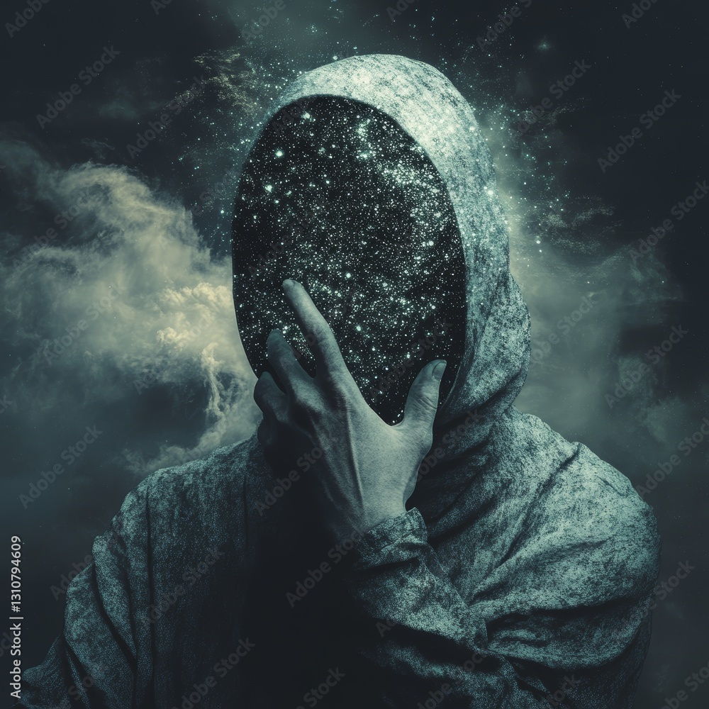 Poster mysterious figure with cosmic void instead of face in dark setting