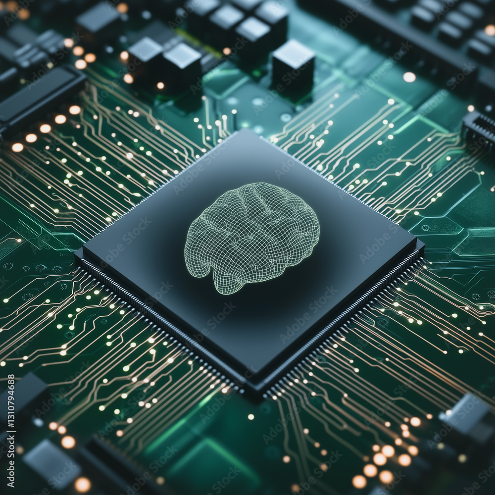 Poster digital brain of innovation: a high-tech integrated circuit, artfully portraying a digitized human b