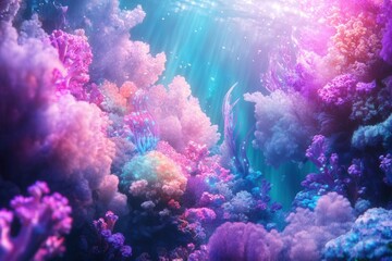 Fototapeta premium a surreal underwater garden with bioluminescent marine creatures intertwined with neon coral formations, creating an ethereal dreamscape bathed in turquoise and purple light