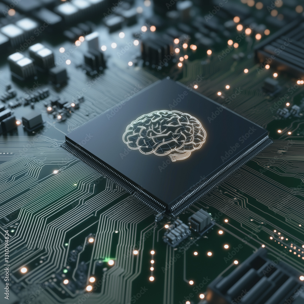Poster digital brain: a close-up, photorealistic view of a microchip with a brain graphic, symbolizing adva