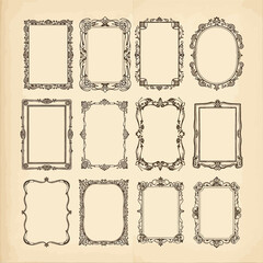 Ornate vintage picture frame collection on textured paper