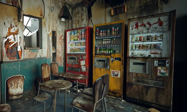 Abandoned Indoor Space with Vending Machines and Deteriorating Interior with ai generated.