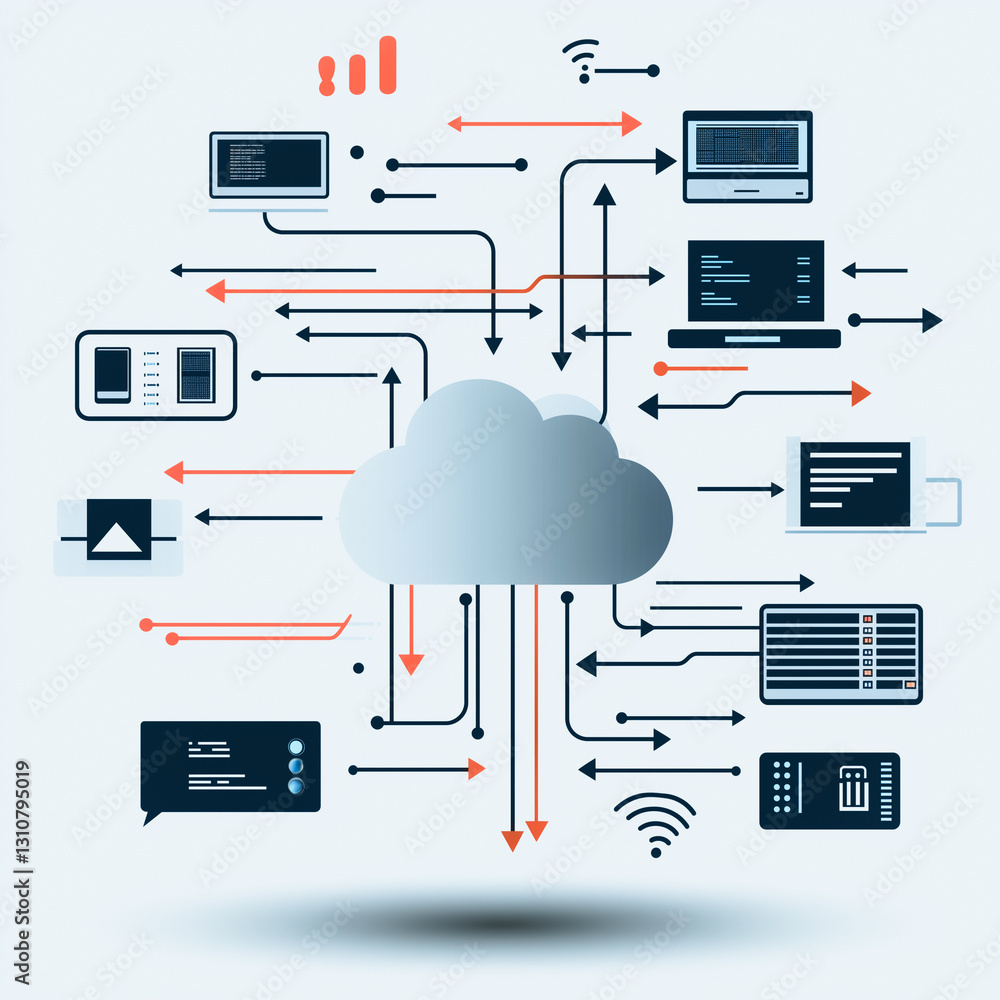 Poster cloud computing illustration: illustrative representation of cloud computing, depicting interconnect