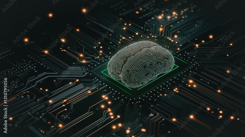 Poster digital brain: a conceptual digital brain embedded on a circuit board, glowing with data streams, sy
