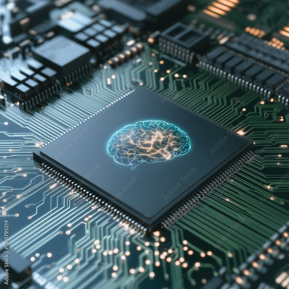 Poster brain-inspired chip: close-up of a cutting-edge computer processor, meticulously designed with intri
