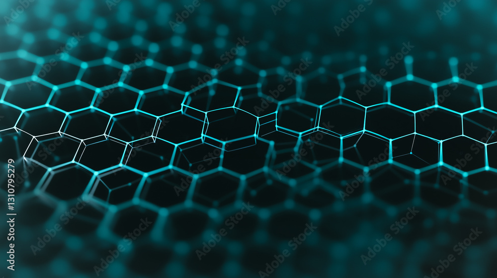 Poster networked hexagons: a close-up shot reveals an intricate web of interconnected hexagons, with a glow