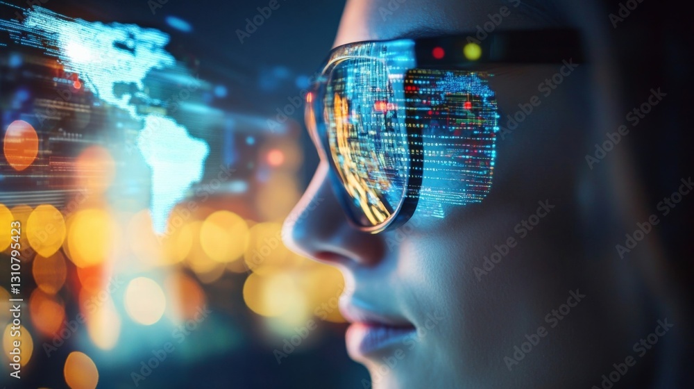 Aufkleber businesswoman wearing futuristic glasses is analyzing global business and data flow, visualizing wor