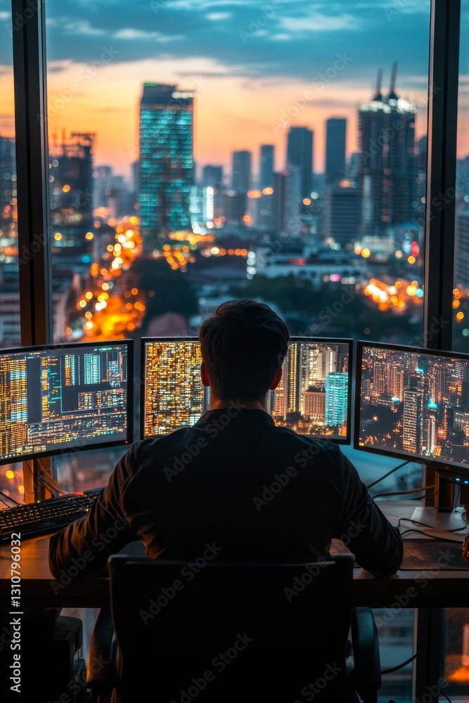 Poster a man is sitting in front of a computer with three monitors