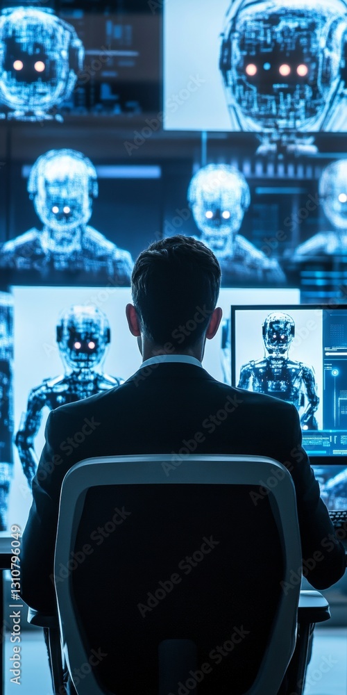 Poster a man is sitting in front of a computer monitor with a robot on the screen