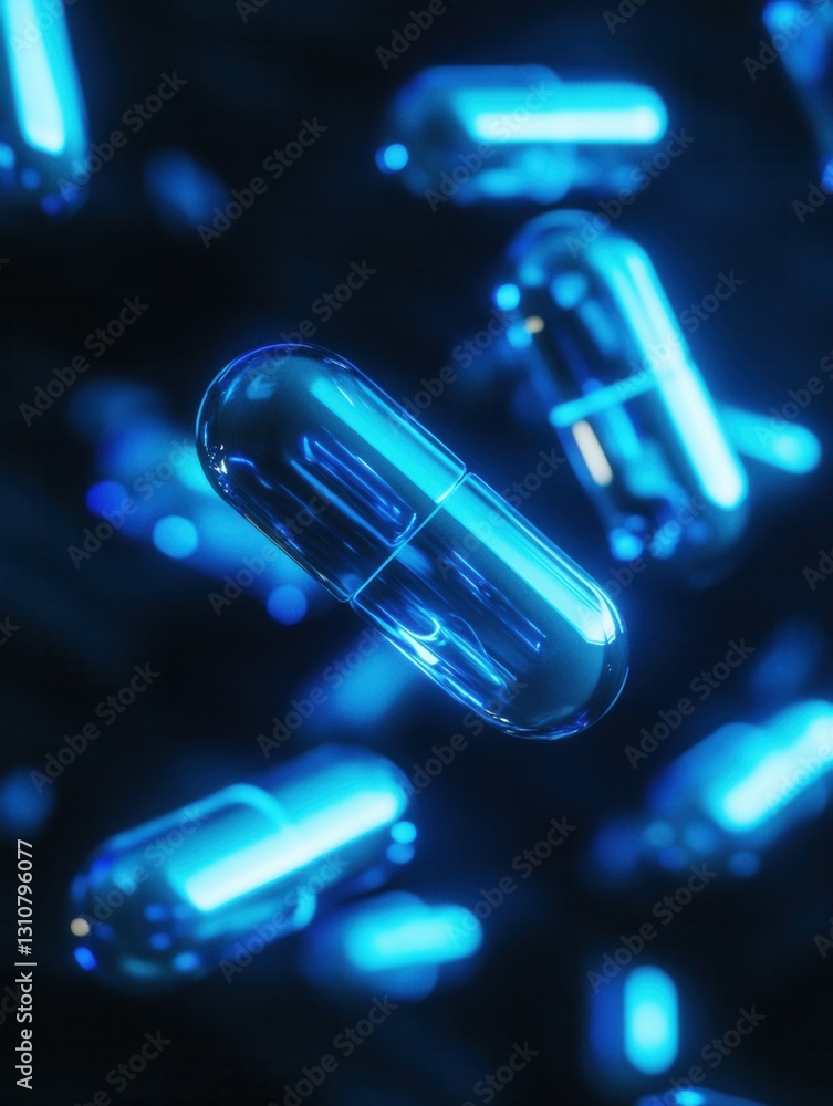 Poster glowing capsules in a digital futuristic world with soft blue light illuminating a dark environment