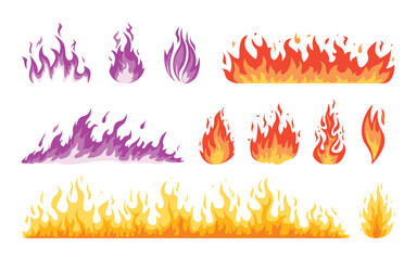 Cartoon fire flames flat collection. Collection of hot flaming element. Idea of energy and power. Vector illustration. © Bramanart