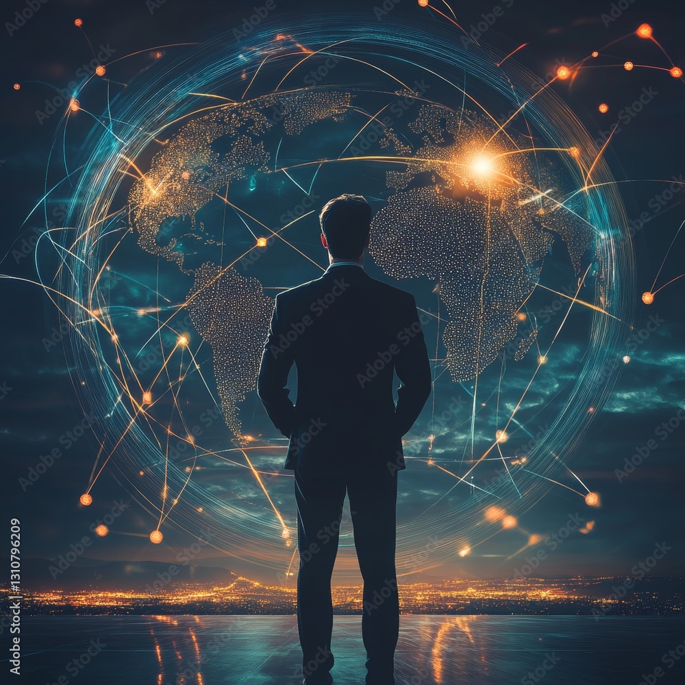 Poster a man stands in front of a globe with a lot of lines and dots