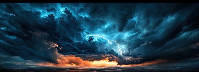 Dramatic Storm Clouds with Lightning, Sunset Horizon
