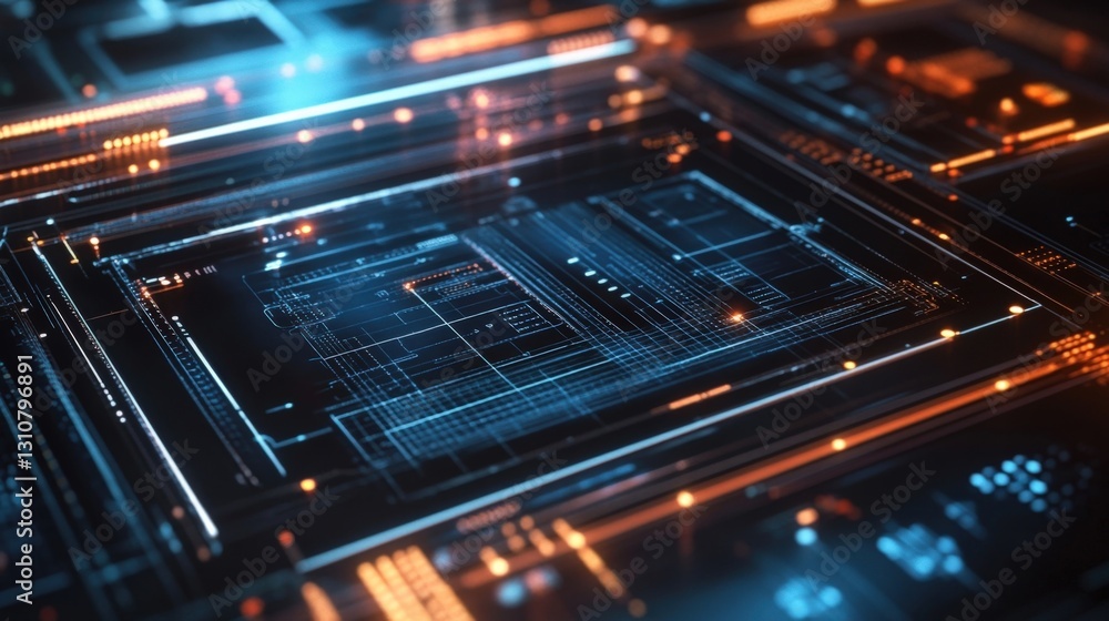 Poster futuristic motherboard circuit board glowing with data transferring, processing digital information,