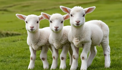 Fototapeta premium Three Adorable Lambs in a Green Pasture