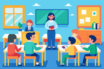 Vibrant Classroom Scene - Attentive Students Learning from Female Teacher at Chalkboard