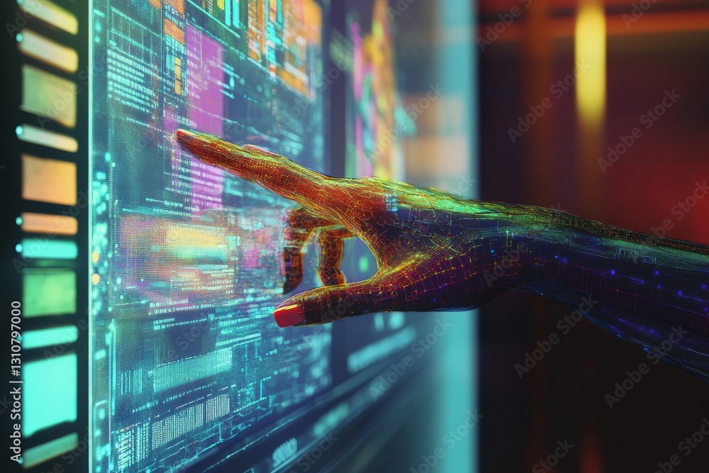 Poster futuristic hand interacting with digital screen and data displays
