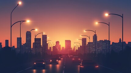 Fototapeta premium A city skyline at sunset with cars on a road, showcasing urban life and tranquility.