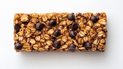 Obraz premium Delicious chocolate chip granola bar, perfect for a healthy snack. Ideal for websites, blogs, or food packaging showcasing healthy eating.