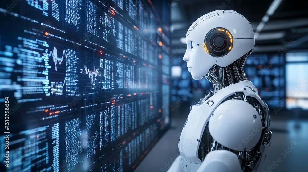Poster futuristic robot analyzing data on digital interface in modern setting