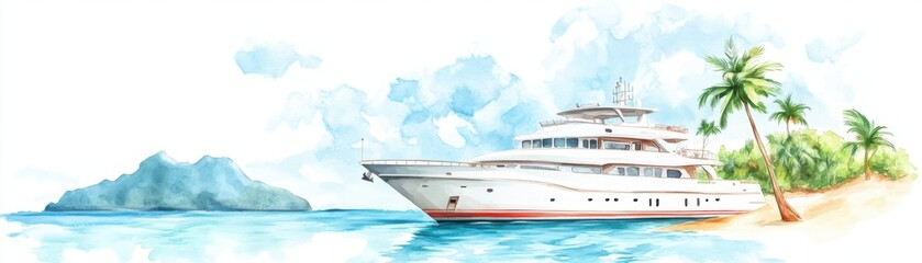 Naklejka premium A luxurious yacht anchored near a tropical beach, surrounded by palm trees and calm waters, evoking a serene vacation vibe.