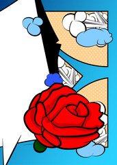 Cartoon Red Rose, comic book Holiday. Retro vector comics pop art design.