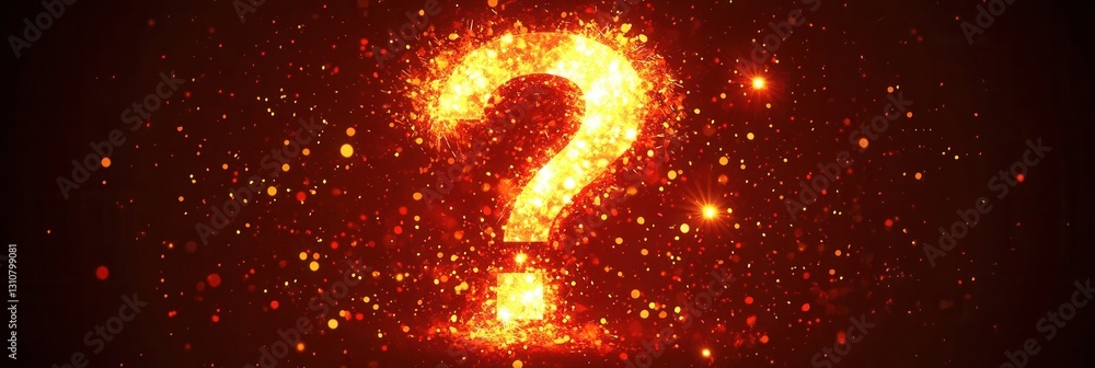 Poster minimalist question mark glowing with light bursts in modern flat style against a dark background