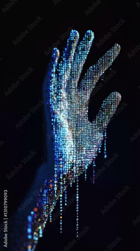 Aufkleber intricate digital data patterns cascading from human hand in darkness
