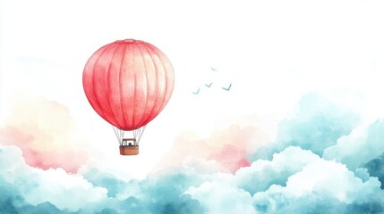 Fototapeta premium A vibrant red hot air balloon floats above soft clouds in a serene sky, evoking a sense of freedom and adventure.