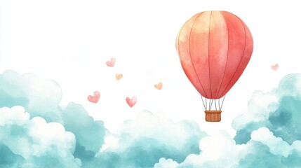 Obraz premium A whimsical hot air balloon floats above fluffy clouds, surrounded by delicate hearts, evoking feelings of love and adventure.
