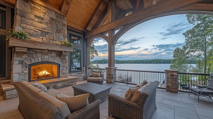 Lakeside patio with fireplace and lake views