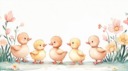 A charming illustration of five cute ducklings surrounded by colorful flowers, set against a bright, white background.