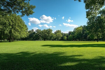 Naklejka premium Lush green field with full, leafy trees under a bright, partly cloudy sky. Ideal for nature, peace, tranquility, and park themes.