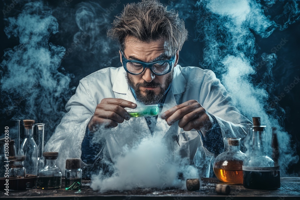 Poster scientist conducting experiment with test tube in laboratory setting