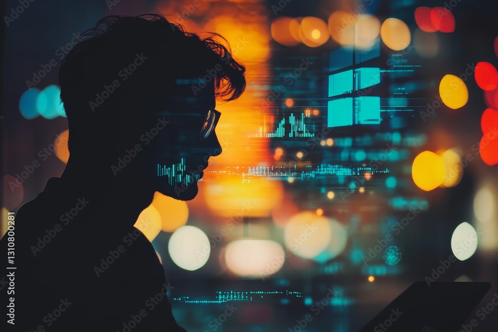 Poster a man is sitting in front of a computer screen with a blurry face
