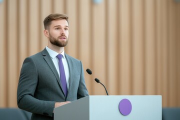 confident speaker addressing crowd at business conference, wearing suit and tie