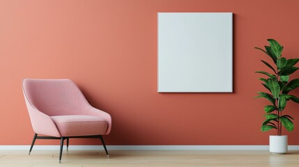 Stylish pink room featuring a pink chair and green plant creating a trendy and fresh environment