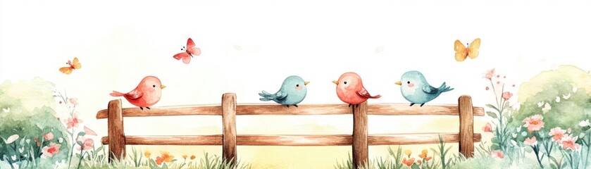 Fototapeta premium A charming illustration of colorful birds perched on a wooden fence, surrounded by flowers and butterflies in a bright, cheerful setting.