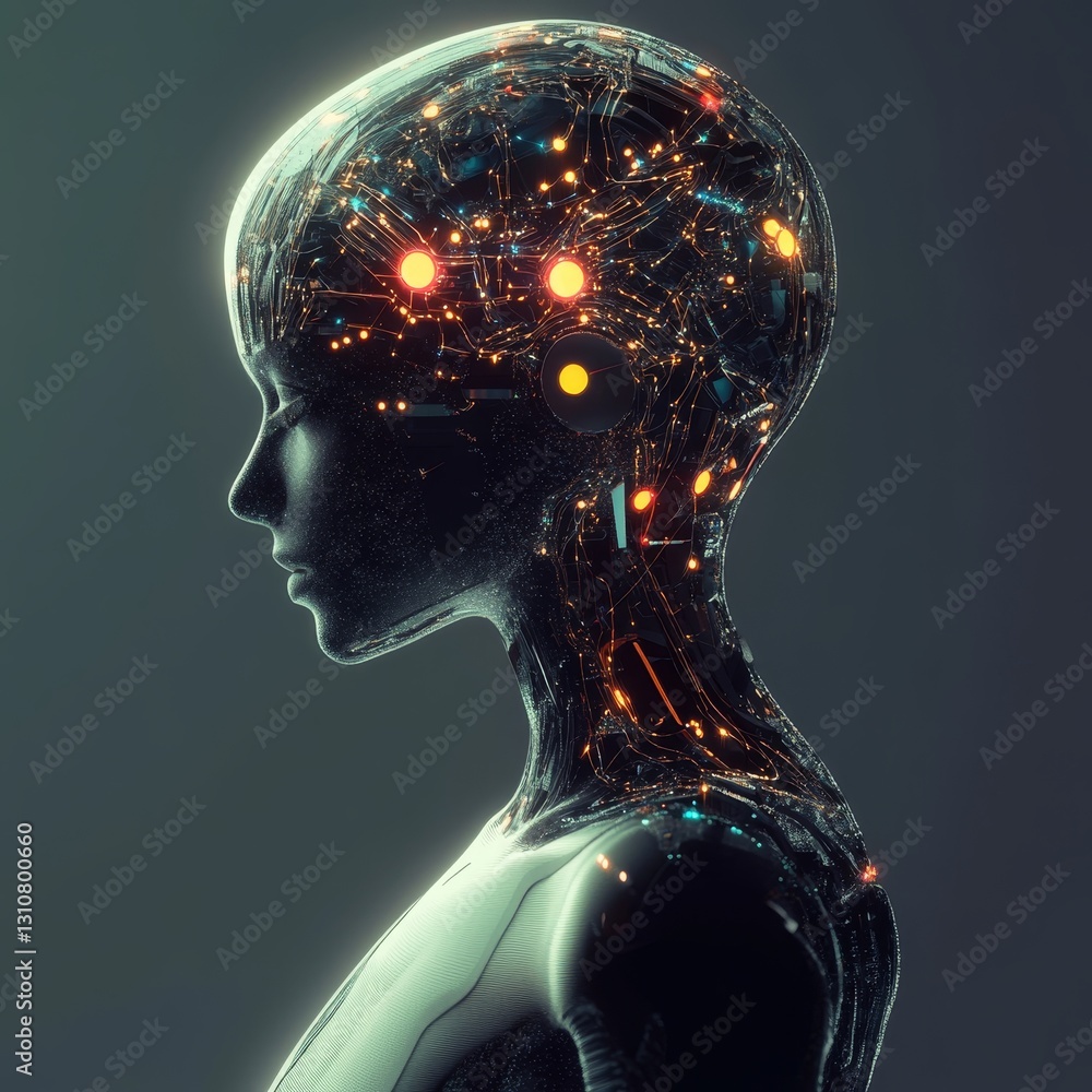 Poster futuristic human-like robot with circuitry in a dark background