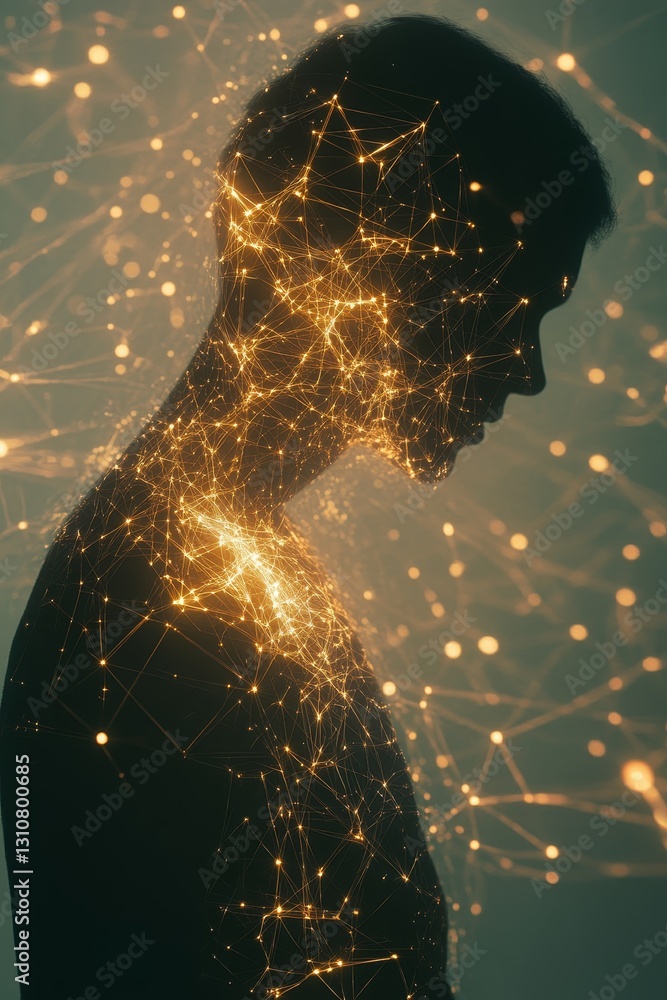 Poster silhouette of person with network lines and glowing particles effect
