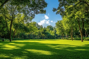 Obraz premium Lush green park with vibrant trees under a sunny sky. Ideal for nature, peace, tranquility, and environmental themes.
