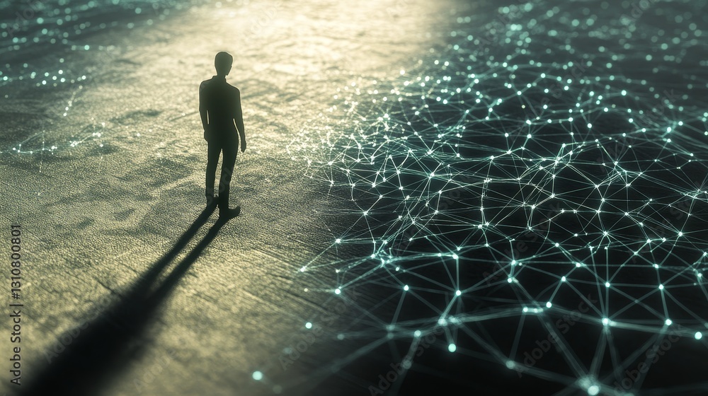 Poster person standing on abstract network visualization in digital scene