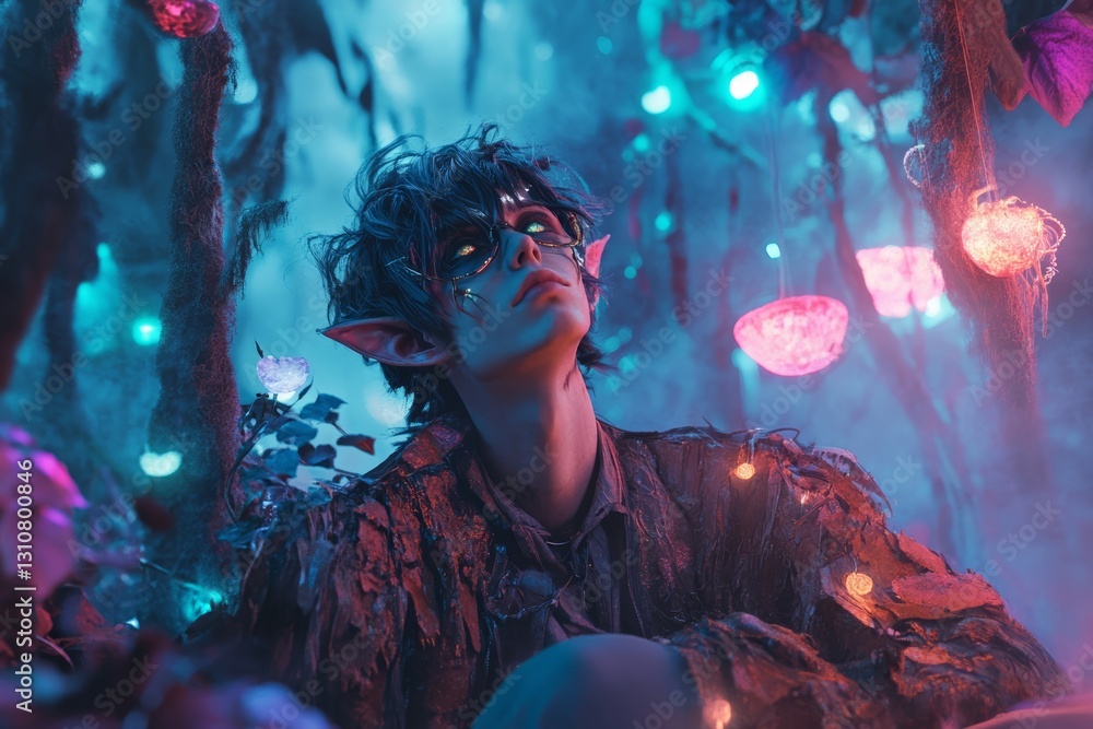 Poster enchanted forest creature in mystical setting with colorful lights