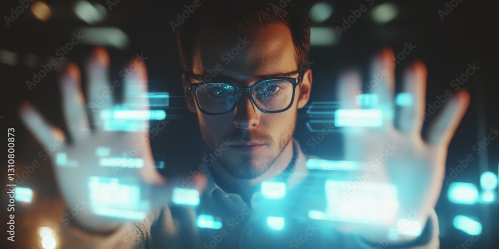 Poster man interacting with digital interface and virtual reality technology