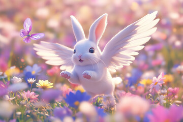 Easter bunny with wings over flower field.