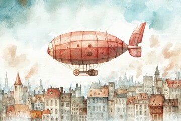 Fototapeta premium A whimsical airship floats above a charming cityscape, showcasing a blend of vintage design and urban architecture in a dreamy watercolor style.
